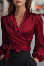 Satin V-neck Long-sleeved Casual Tie-waist Shirt