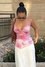 Floral Trim Chiffon Waist Cinched Padded Cami Top