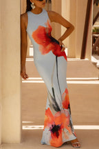 Floral Print Sleeveless Slim-fit Elegant Fishtail Maxi Dress