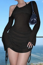 Sexy Mesh Asymmetric Ruched Vacation Dress