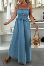 Stylish Square Neck Halter Backless Fitted Waist Pleated Casual Denim Maxi Dress