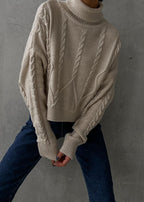 Cable Knit Cropped Turtleneck Sweater – Women’s Chunky Knit Pullover