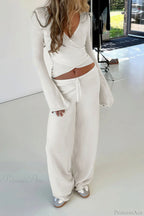 Y2K Sexy V-Neck Fitted Top Casual Pants Two Piece Set