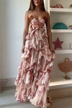 Ariae Butterfly Print Multi-layered Ruffles Backless Tie-up Maxi Dress