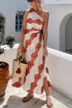 Enjoy A Sunny Linen Blend Shell Print One Shoulder Cutout Waist Tie-up Slit Maxi Dress
