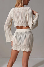 Solid Color V-neck Long-sleeved Cropped Top and Stretch Beach Mini Skirt Knitted Cover-up Set