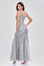 V Neck Sheer Embroidered Sequin Sexy Prom Dress