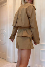 Chic Comfort Epaulettes Contrast Buttons Pocket Belt Cropped Trench Coat