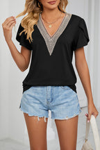 Gold Lace V Neck Tile Short Sleeve Solid Color T-Shirt Top