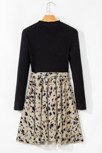 Black Ribbed Knit Patchwork Printed Belted A - line Dress