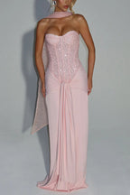 Carina Sequined and Satin Jersey Off Shoulder Ruched Knot Drape Maxi Dress