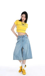 High Waist Denim Culotte Shorts