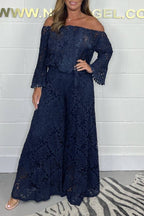Multi-Color Lace Off-the-Shoulder Flare Sleeve Wide Leg Pants Set