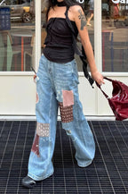 Vintage Washed Paint Splatter Patchwork Ripped Jeans