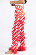 Christmas Party Striped Print Pocket Feather Elastic Waist Pajama Set
