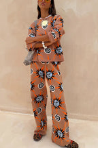 Mediterranean Art Knit Unique Sun Vortex Print Elastic Waist Wide Leg Pants