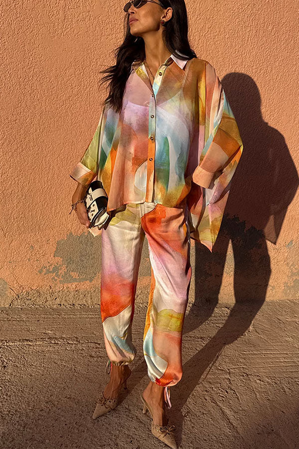 Vacation View Colorful Abstract Print Elastic Waist Pocket Loose Lantern Pants