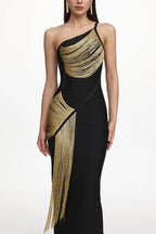 Roanna One Shoulder Sleeveless Glossy Tassels Bandage Maxi Dres