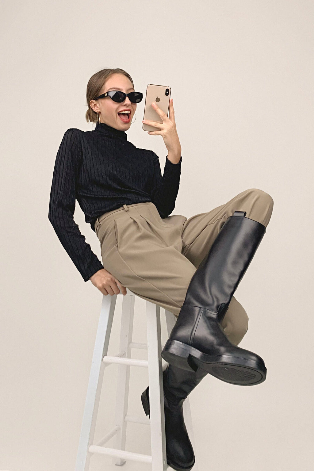 Black Textured Striped Turtleneck Top