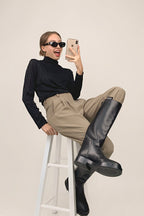 Black Textured Striped Turtleneck Top