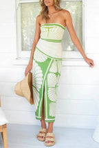 Strapless Shell Print Waist-Cinched Side Slit Maxi Dress
