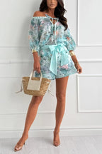 Fiorito Chiffon Floral Print Off Shoulder Top and Elastic Waist Tie-up Loose Shorts Set