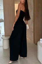 Linen Blend Solid Color Off-the-shoulder Pleated Casual Pocket Wide-leg Jumpsuit