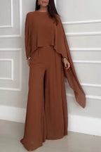 Veronica Chiffon Cape Flowing Top and Elastic Waist Wide-Leg Pants Set