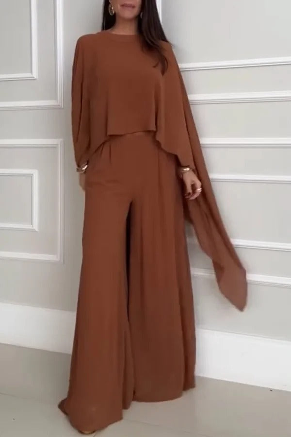 Veronica Chiffon Cape Flowing Top and Elastic Waist Wide-Leg Pants Set