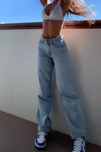 High Waist Ripped Slim Denim Straight Jeans