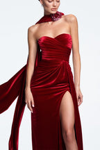 Velvet Strapless Backless Split Maxi Party Dress