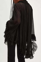 Flowy See-through Ruffle Tie-up Neck Bell Sleeve High-low Hem Cape Shirt