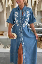 V-neck single-breasted short-sleeved dress