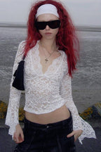 Deep V Long Sleeve Lace Trim Crop Top