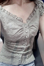 Ruched Low Neck Button Ruffled Lace Tank Top
