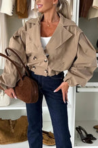 Fashion Style Button Long Balloon Sleeve Pocket Lapel Casual Bomber Jacket