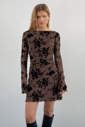Velvet Floral Flocked Slim Fit Long Sleeve Mini Party Dress