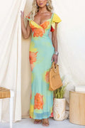 V Neck Ruffle Short Sleeves Floral Print Maxi Dress
