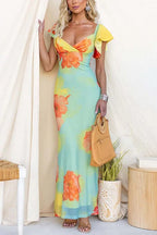 V Neck Ruffle Short Sleeves Floral Print Maxi Dress
