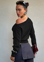 Off-Shoulder Cropped Knit Sweater – Minimalist Elegance