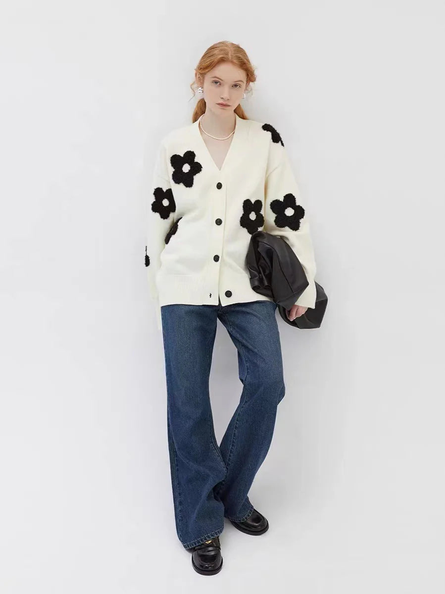 Jacquard Knit V-Neck Cardigan