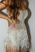 Sheer Fringe Sequin Bodycon Mini Graduation Party Dress
