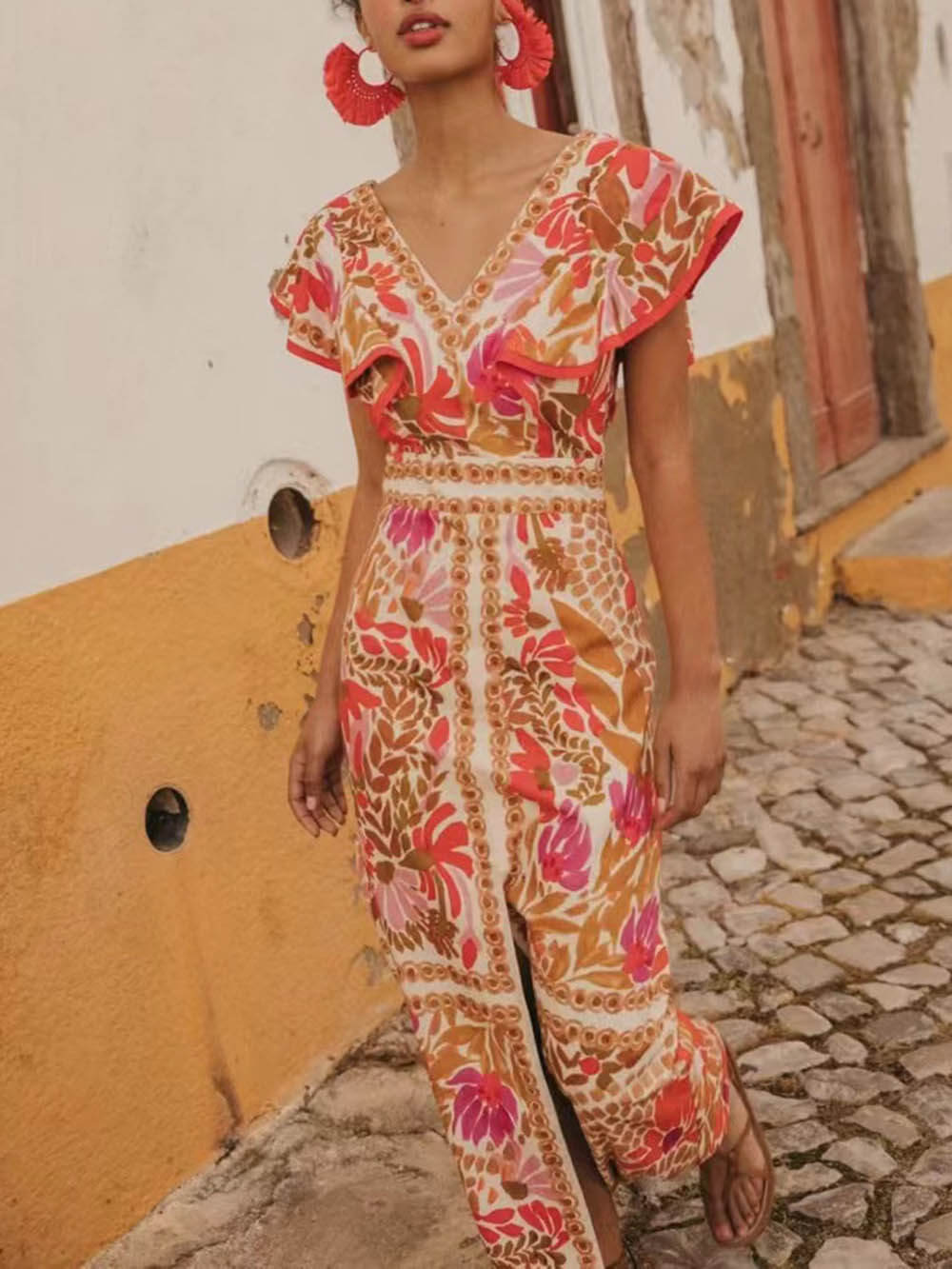 Fashionable V Neck Ruffled Open Print Backless Dress