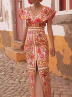 Fashionable V Neck Ruffled Open Print Backless Dress
