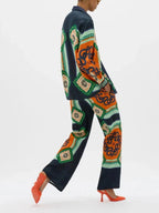 Vacation Times Satin Unique Print Elastic Waist Pocketed Wide Leg Pants