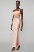 Devin Pink Mesh Panel Ruched Maxi Dress