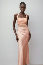 Devin Pink Mesh Panel Ruched Maxi Dress