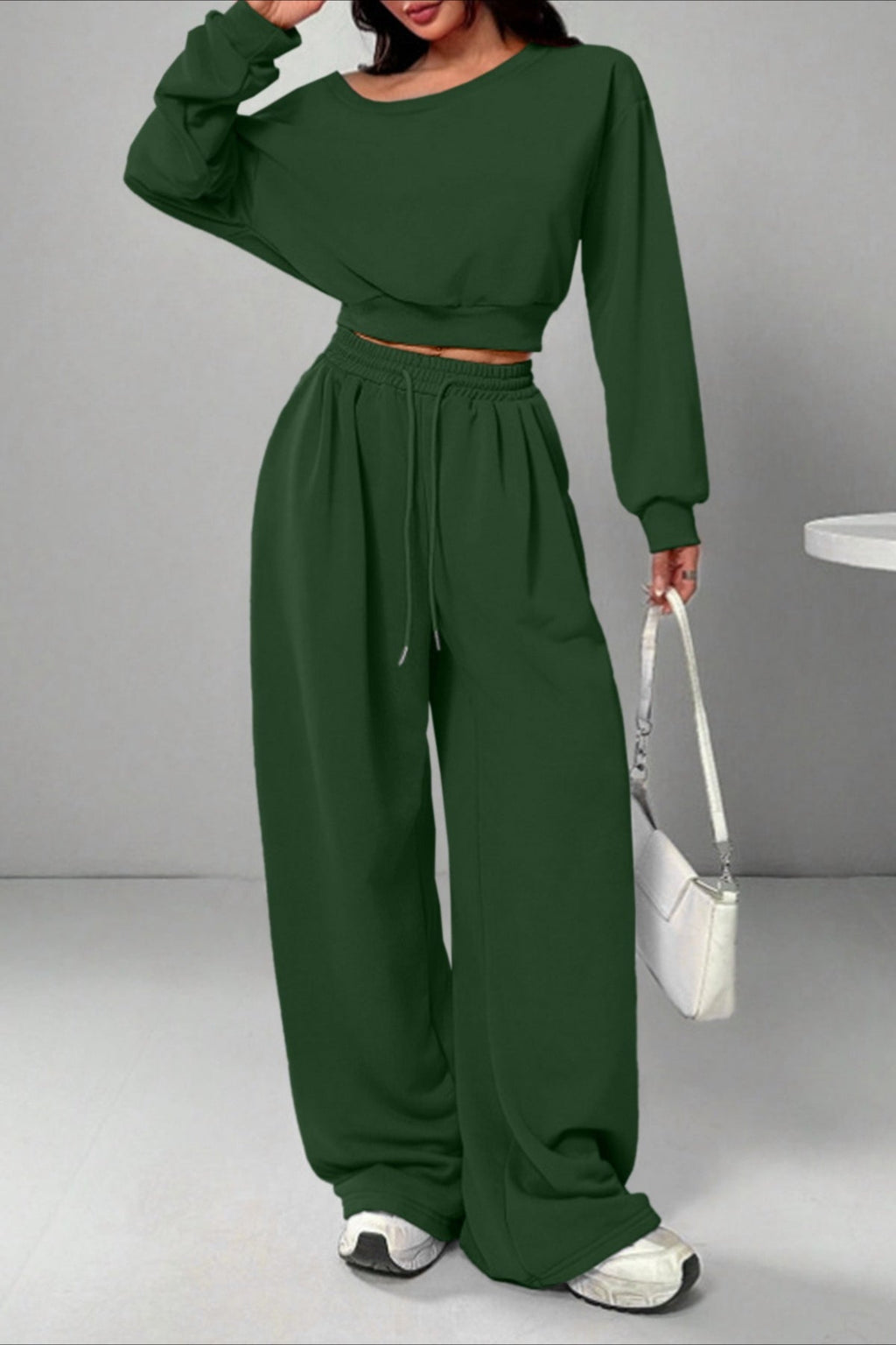 Casual Ribbed Off Shoulder Crop Sweatshirt Pants Set