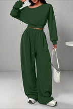Casual Ribbed Off Shoulder Crop Sweatshirt Pants Set