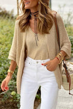 Light Gold Shiny Silk Knit Suspender + Cardigan Two-Piece Set